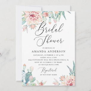 Boho Bridal Shower Watercolor Cactus Floral Invitation
