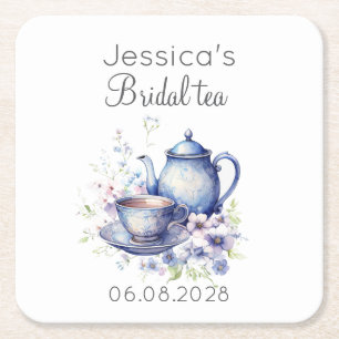 Boho Bridal Tea Blue Floral Vintage Bridal Shower Square Paper Coaster