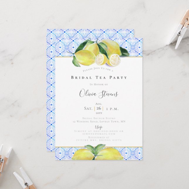 Boho Bridal Tea Party Yellow Lemons Shower Invitation (Front/Back In Situ)