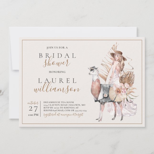 Boho Bride and Formal Llama Bridal Shower Invitation (Front)
