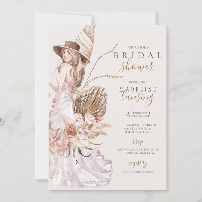 Boho Bride in Wedding Gown Bridal Shower Invitation (Front)