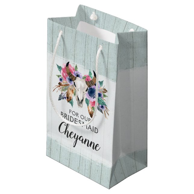 Boho Bridesmaid Gift Floral Cow Skull Favour Bag (Front Angled)