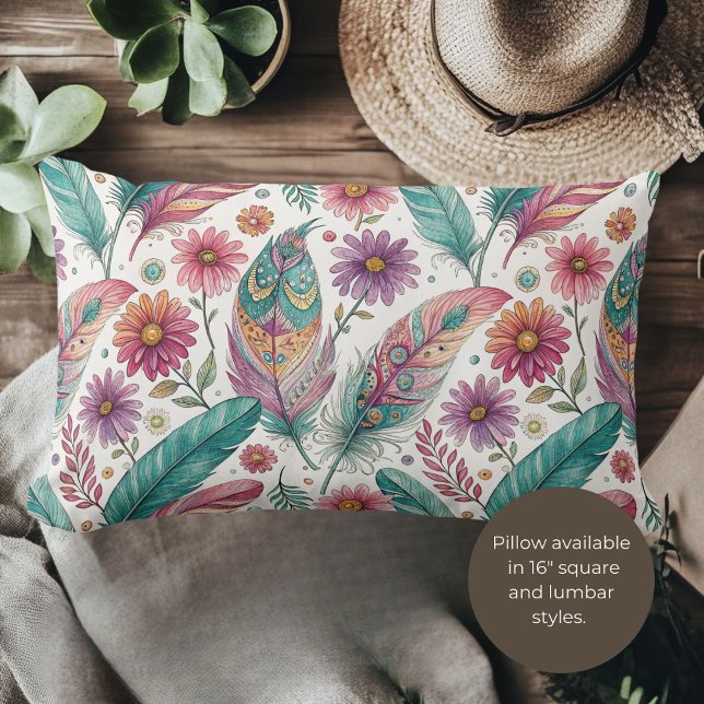 Boho Bright Feathers Lumbar Pillow (Creator Uploaded)