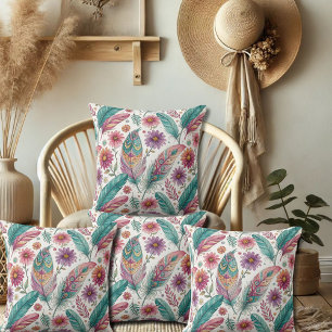 Boho Bright Feathers Throw Pillow