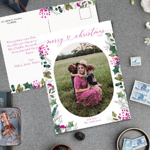 Boho Bright Pink Botanical Merry Christmas Photo  Holiday Postcard