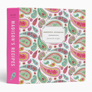 Boho bright pink recipe paisley flowers pattern binder