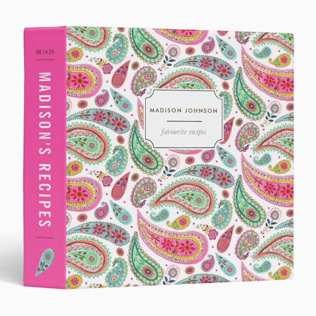 Boho bright pink recipe paisley flowers pattern binder (Front/Spine)