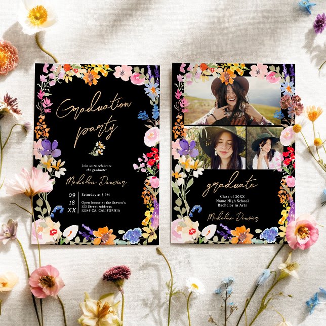 Boho Bright Wildflower Black Photo Graduation Invitation (Boho Bright Wildflower Black Photo Graduation Invitation)