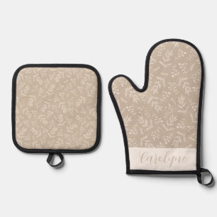 Boho Brown and Ivory Foliage Pattern Personalized Oven Mitt & Pot Holder Set