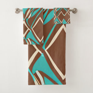 Boho Brown and Turquoise Geometric Shapes Pattern  Bath Towel Set