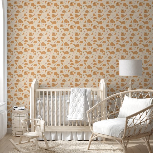 Boho Brown Cats & Rainbows Pale Brown Nursery Wallpaper (Kids)