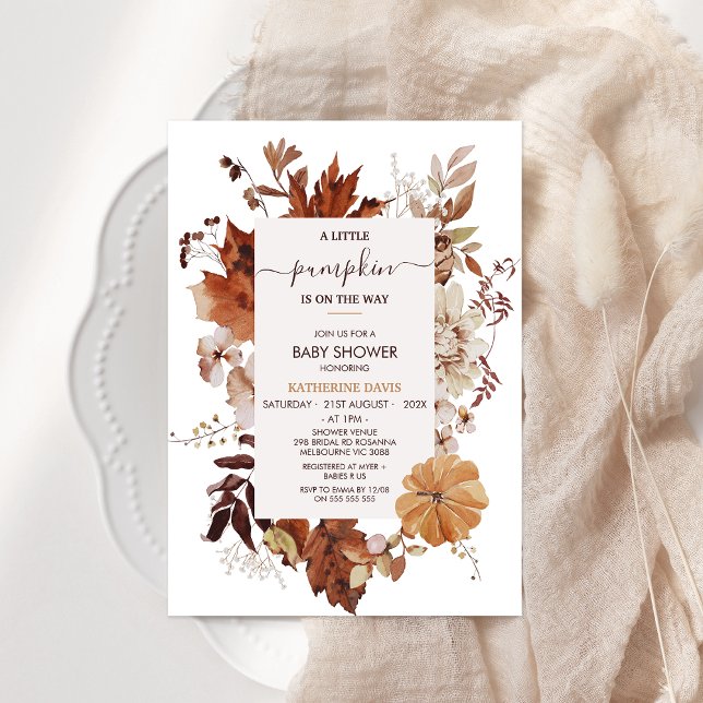 Boho Brown Fall Little Pumpkin Baby Shower  Invitation (Rustic Fall Baby Shower Invitation Template, Pumpkin Baby Shower Invitation Gender Neural, Boho)