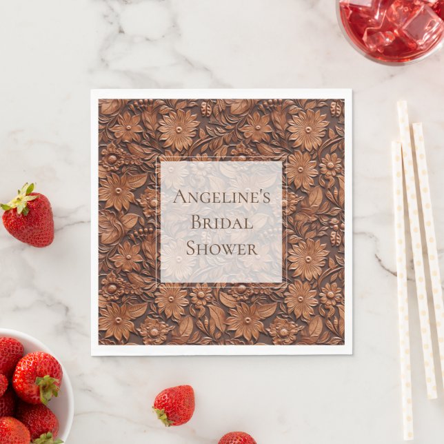 Boho Brown Faux Leather Floral Bridal Shower Napkin (Insitu)