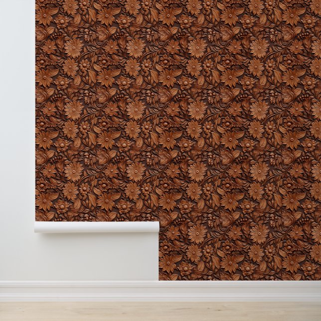 Boho Brown Faux Leather Floral  Wallpaper (Application)