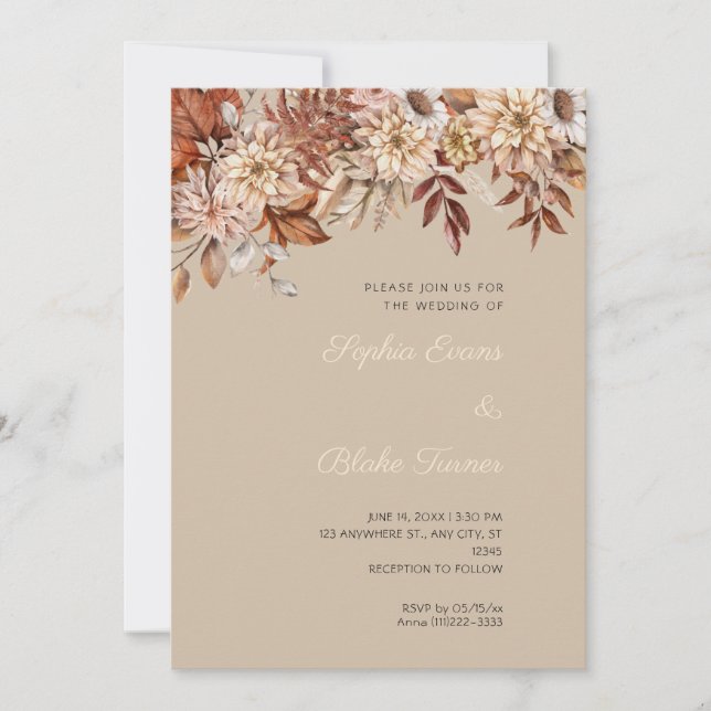 Boho Brown Floral Winter Dark Vanilla Wedding Invitation (Front)