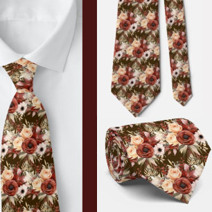 Boho Brown Gold Floral Watercolor Flowers Wedding Tie
