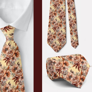 Boho Brown Gold Floral Watercolor Flowers Wedding Tie