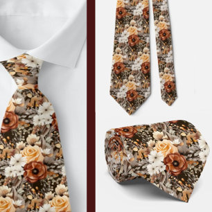 Boho Brown Gold Floral Watercolor Flowers Wedding  Tie