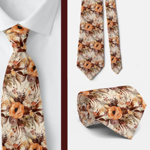 Boho Brown Gold Floral Watercolor Flowers Wedding  Tie