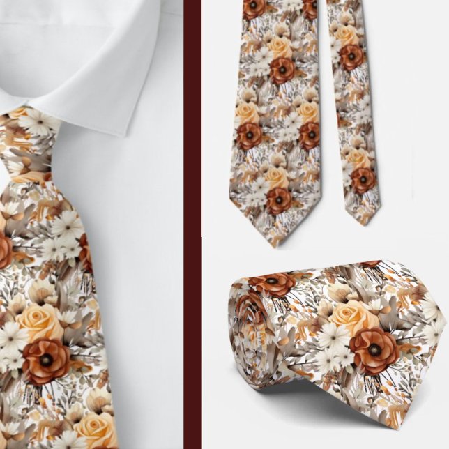 Boho Brown Gold Floral Watercolor Flowers Wedding  Tie (Creator Uploaded)