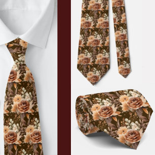 Boho Brown Gold Floral Watercolor Flowers Wedding Tie