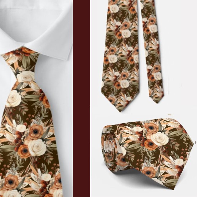 Boho Brown Gold Floral Watercolor Flowers Wedding Tie (Creator Uploaded)