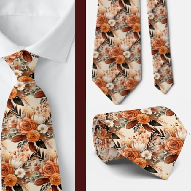 Boho Brown Gold Floral Watercolor Flowers Wedding  Tie (Creator Uploaded)