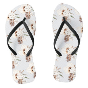 Boho Brown Pampas Grass White Orchids Monogram Flip Flops