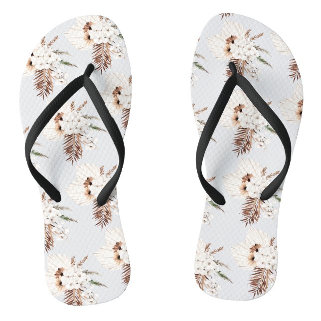 Boho Brown Pampas Grass White Orchids Monogram Flip Flops (Footbed)