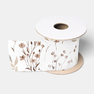 Boho Brown Pretty Floral Botanical Pattern Satin Ribbon