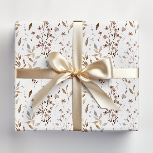 Boho Brown Pretty Floral Botanical Pattern Wrapping Paper Sheet (In situ)