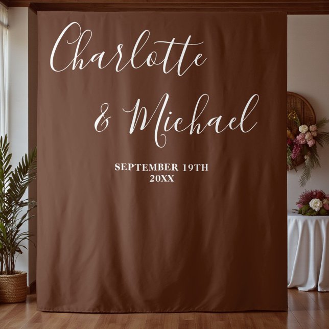 Boho Brown Script Minimalist Wedding Backdrop Tapestry (Creator Uploaded)