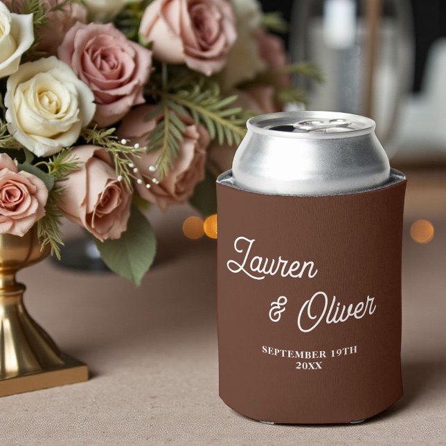 Boho Brown Script Minimalist Wedding Can Cooler (Creator Uploaded)