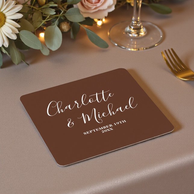 Boho Brown Script Minimalist Wedding Square Paper Coaster (Creator Uploaded)