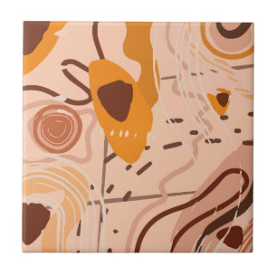 Boho Brown Tan Beige Orange Abstract Art Tile