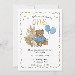 Boho Brown Teddy Bear Blue Balloons Birthday Invitation