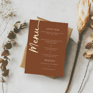 Boho Brown Terracotta Gold Foil Script Menu Card