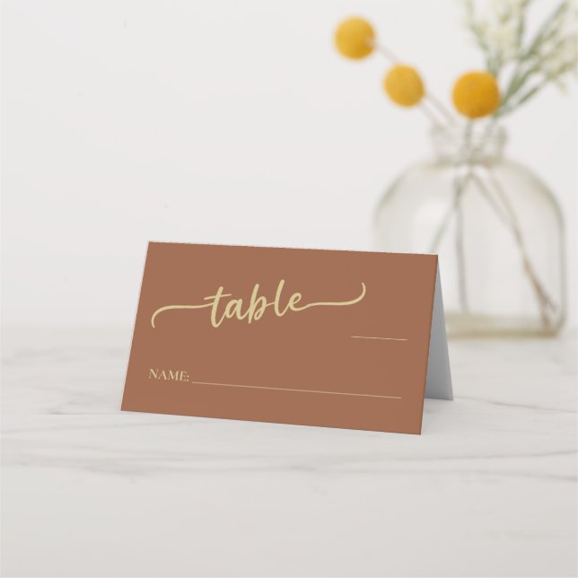 Boho Brown Trendy Script Wedding Place Card (Front)