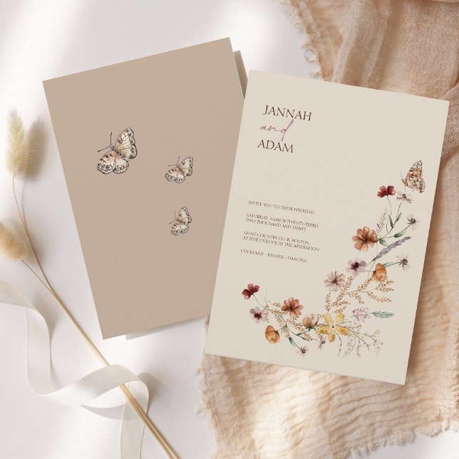 Boho Brown Wildflowers and Butterflies Wedding Invitation (Boho Brown Wildflowers and Butterflies Wedding Invitation)