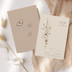 Boho Brown Wildflowers and Butterflies Wedding RSVP Card