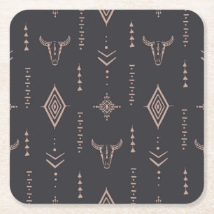 Boho bull skull, ethnic seamless. square paper coaster