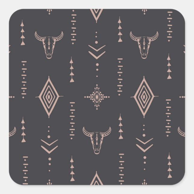 Boho bull skull, ethnic seamless. square sticker (Front)