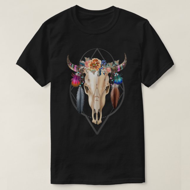 Boho Bull Skull Feather Ethnic Tribal Native Ameri T-Shirt (Design Front)