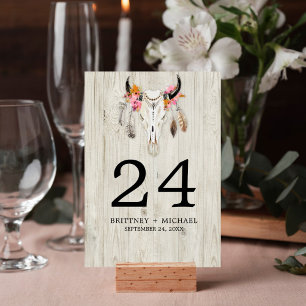 Boho Bull Skull Feathers Rustic Wood Wedding Table Number
