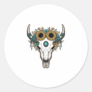Boho Bull Skull Sunflower Vintage Western Engravin Classic Round Sticker