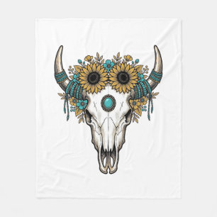 Boho Bull Skull Sunflower Vintage Western Engravin Fleece Blanket