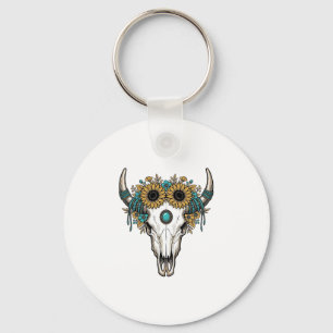 Boho Bull Skull Sunflower Vintage Western Engravin Keychain