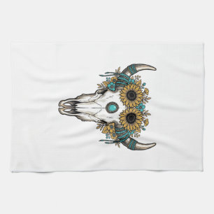 Boho Bull Skull Sunflower Vintage Western Engravin Kitchen Towel