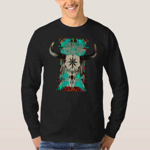 Boho Bull Skull Turquoise Aztec Western Country Ro T-Shirt