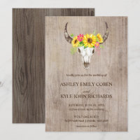 Boho Bull Skull wedding invitation with sunflowers
